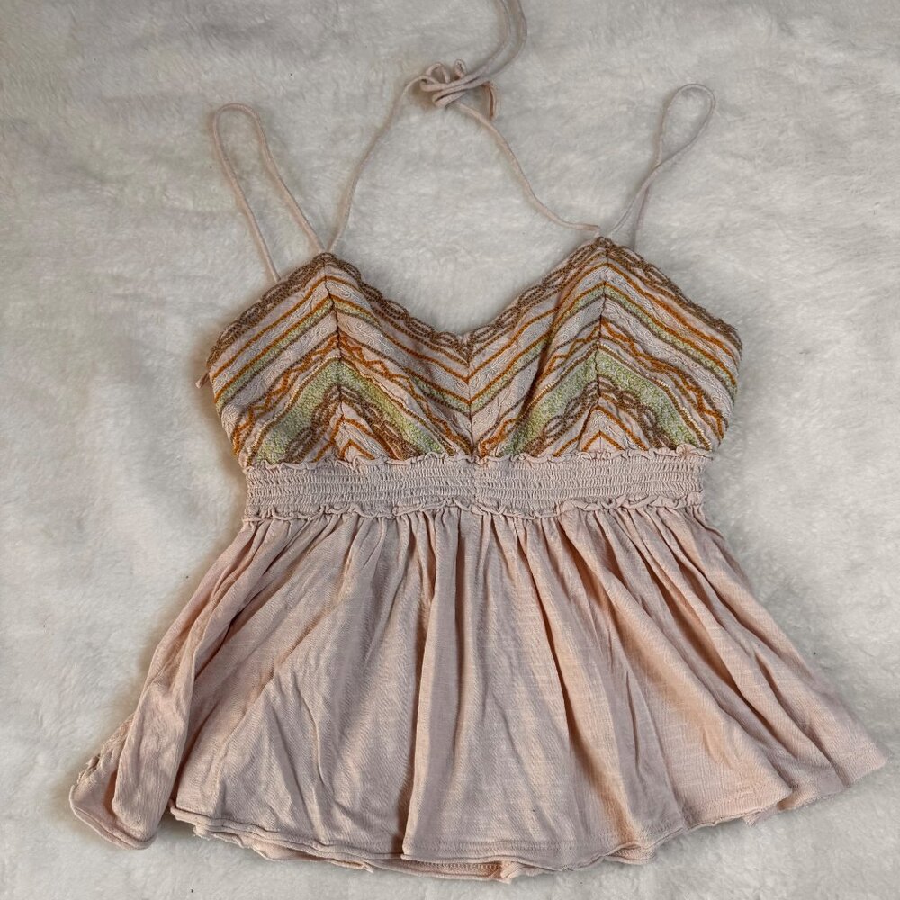 FREE PEOPLE WELL TRAVELED EMBROIDERED SMOCKED COTTON LINEN BLEND HALTER TOP